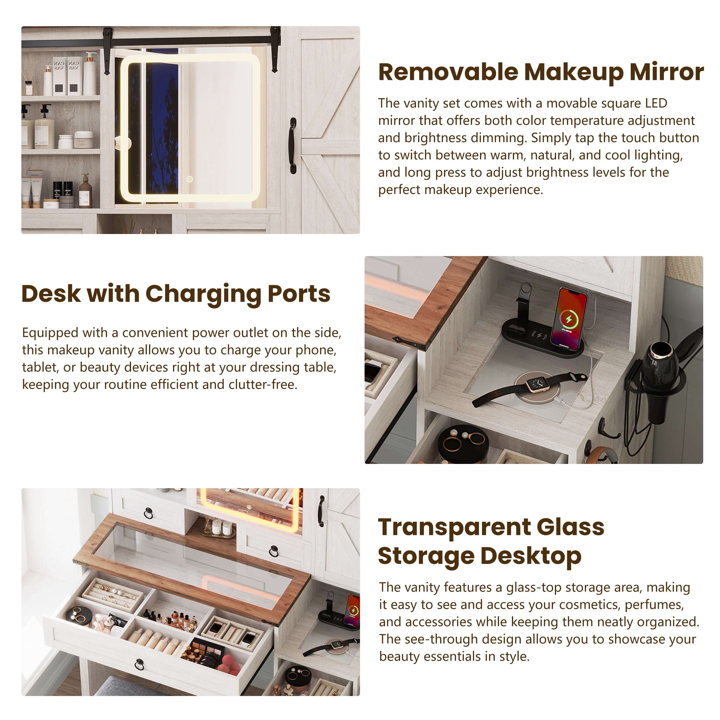 HECATEVIC Elegant Farmhouse Vanity Set with LED Mirror & Charging Station