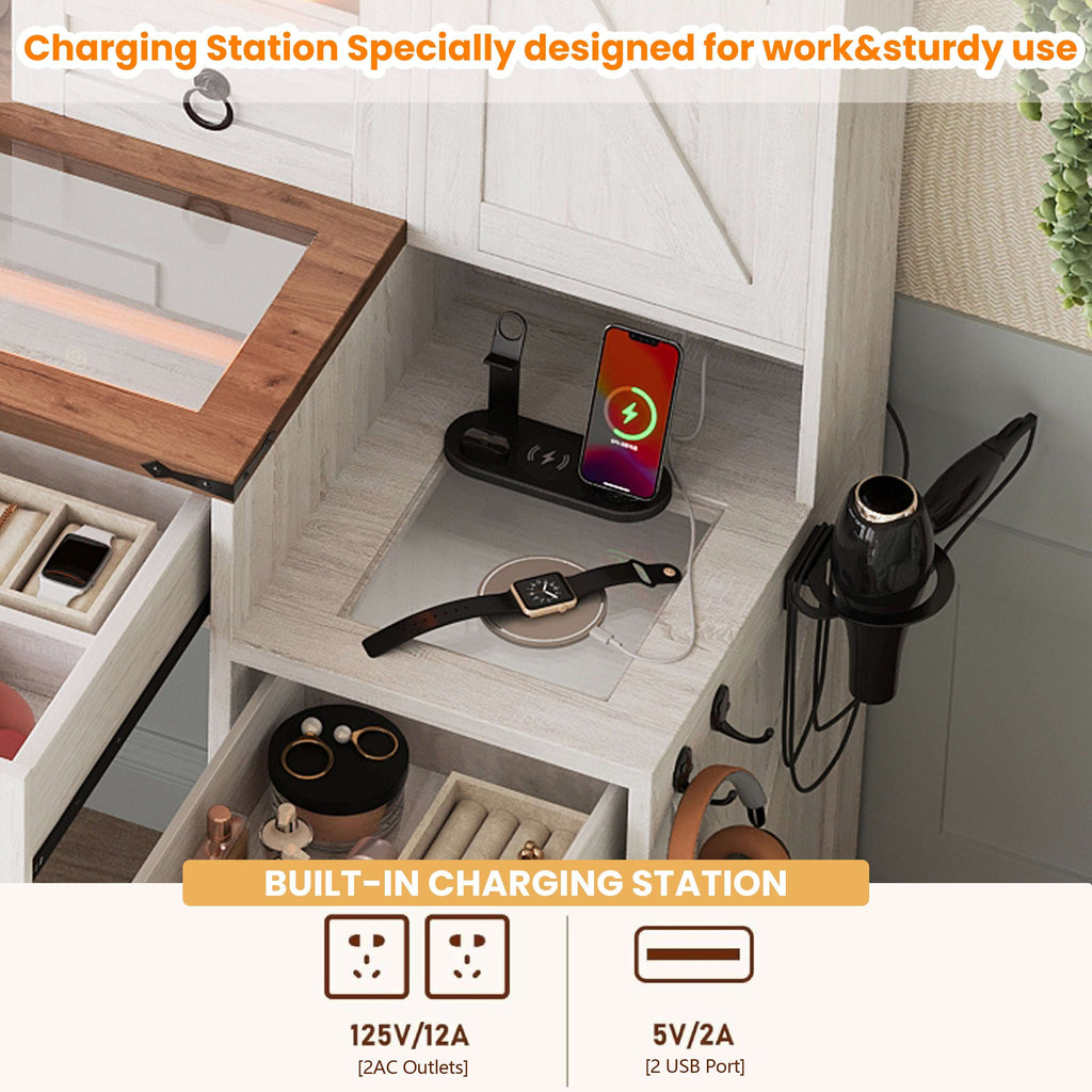 HECATEVIC Elegant Farmhouse Vanity Set with LED Mirror & Charging Station