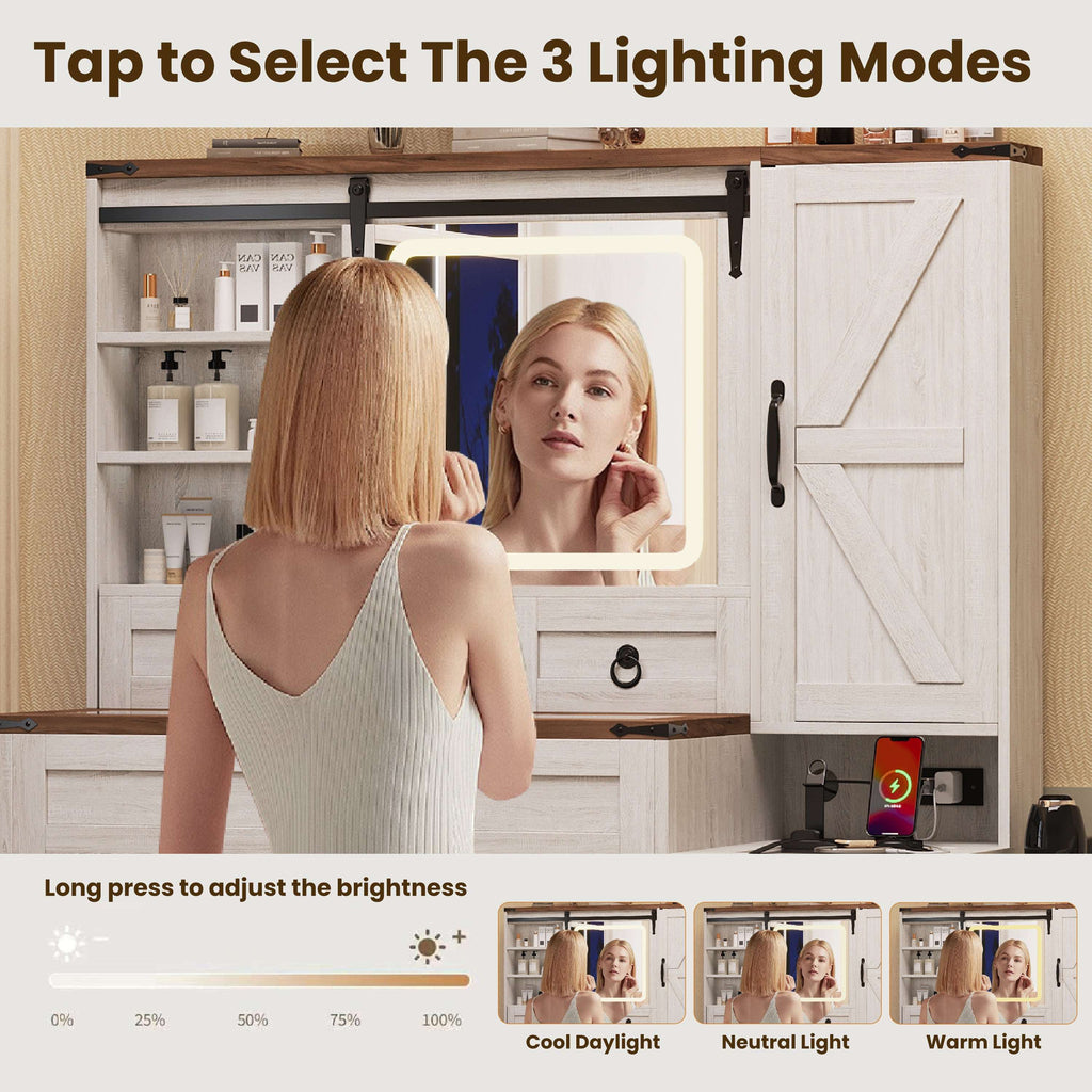 HECATEVIC Elegant Farmhouse Vanity Set with LED Mirror & Charging Station