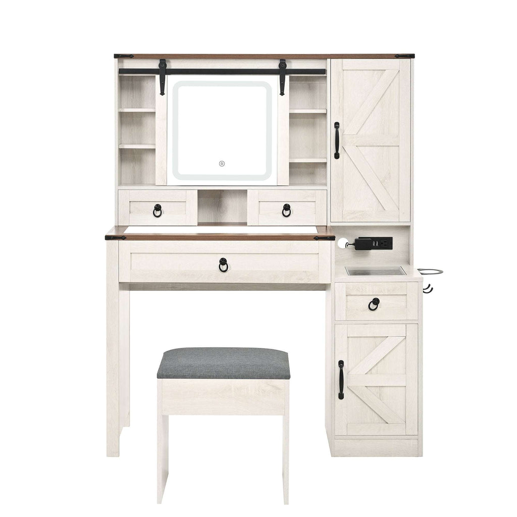 HECATEVIC Elegant Farmhouse Vanity Set with LED Mirror & Charging Station