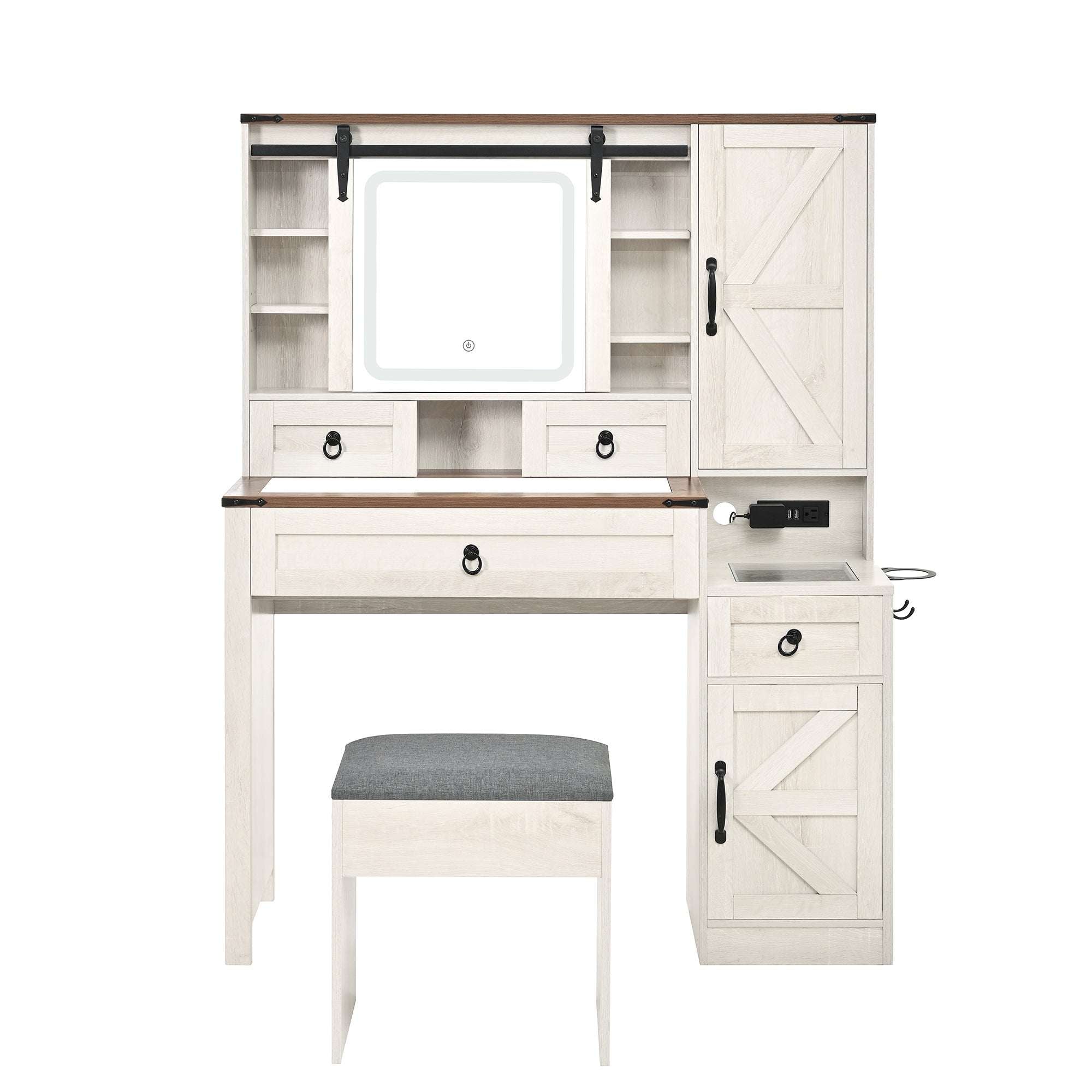 HECATEVIC Elegant Farmhouse Vanity Set with LED Mirror & Charging Station