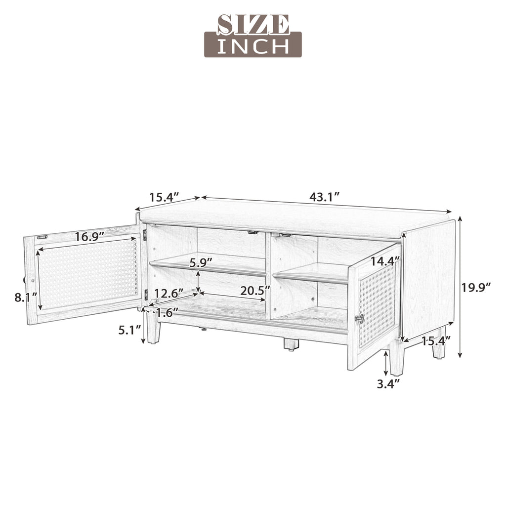 HECATEVIC Boho Storage Bench with Removable Cushion & Rattan Doors - HECATEVIC Home Design
