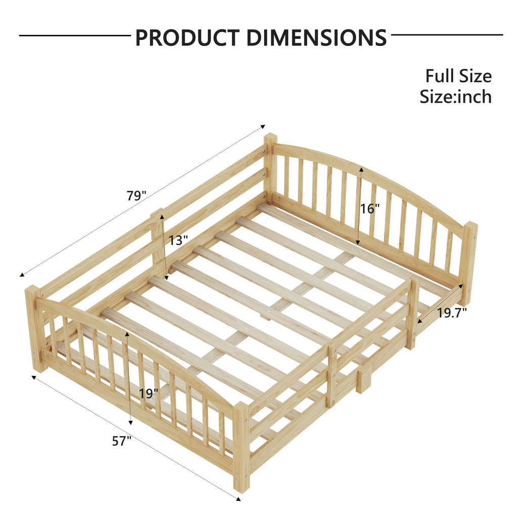 Montessori Floor Bed for Kids - Low Profile Solid Wood Platform Bed with Safety Rails