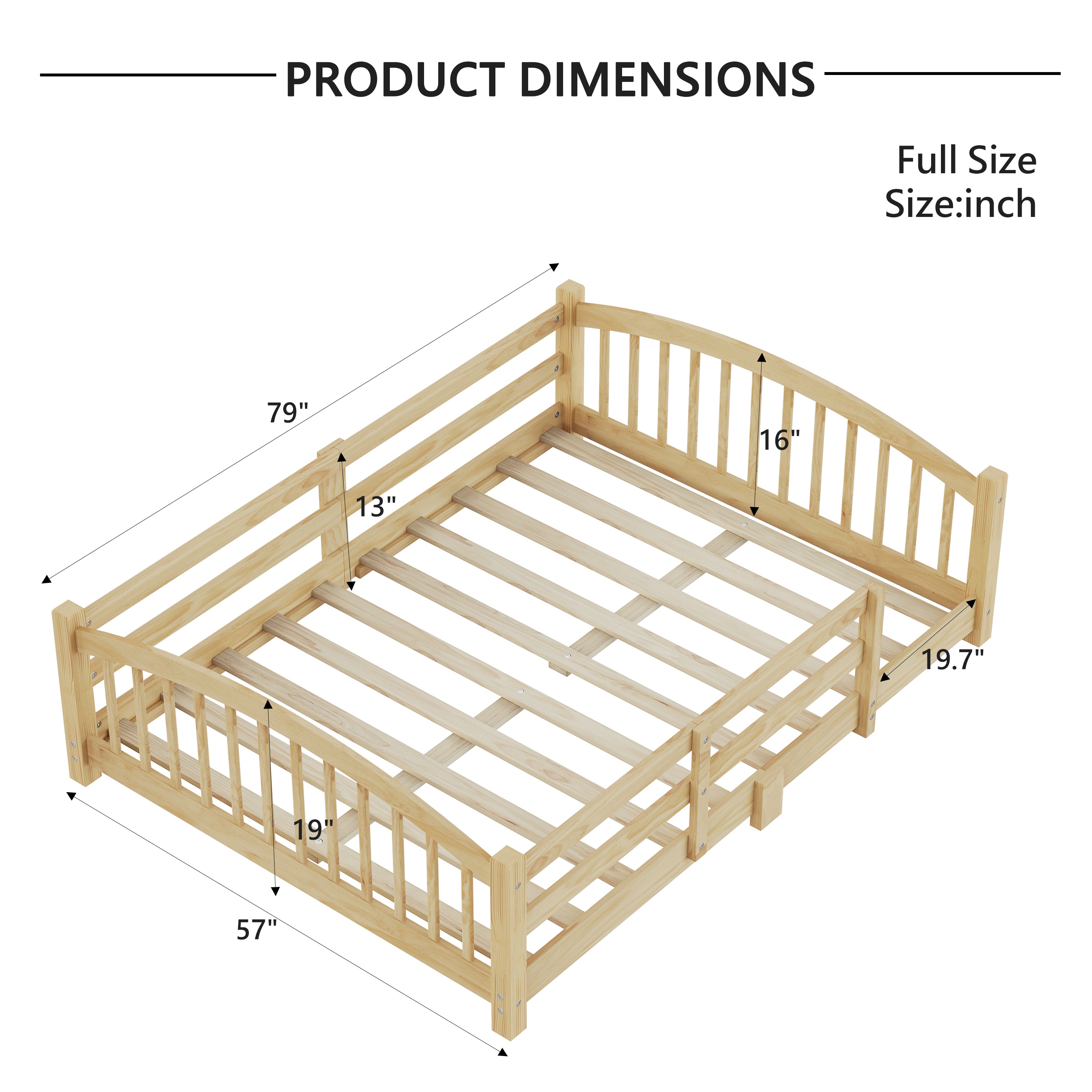 Montessori Floor Bed for Kids - Low Profile Solid Wood Platform Bed with Safety Rails