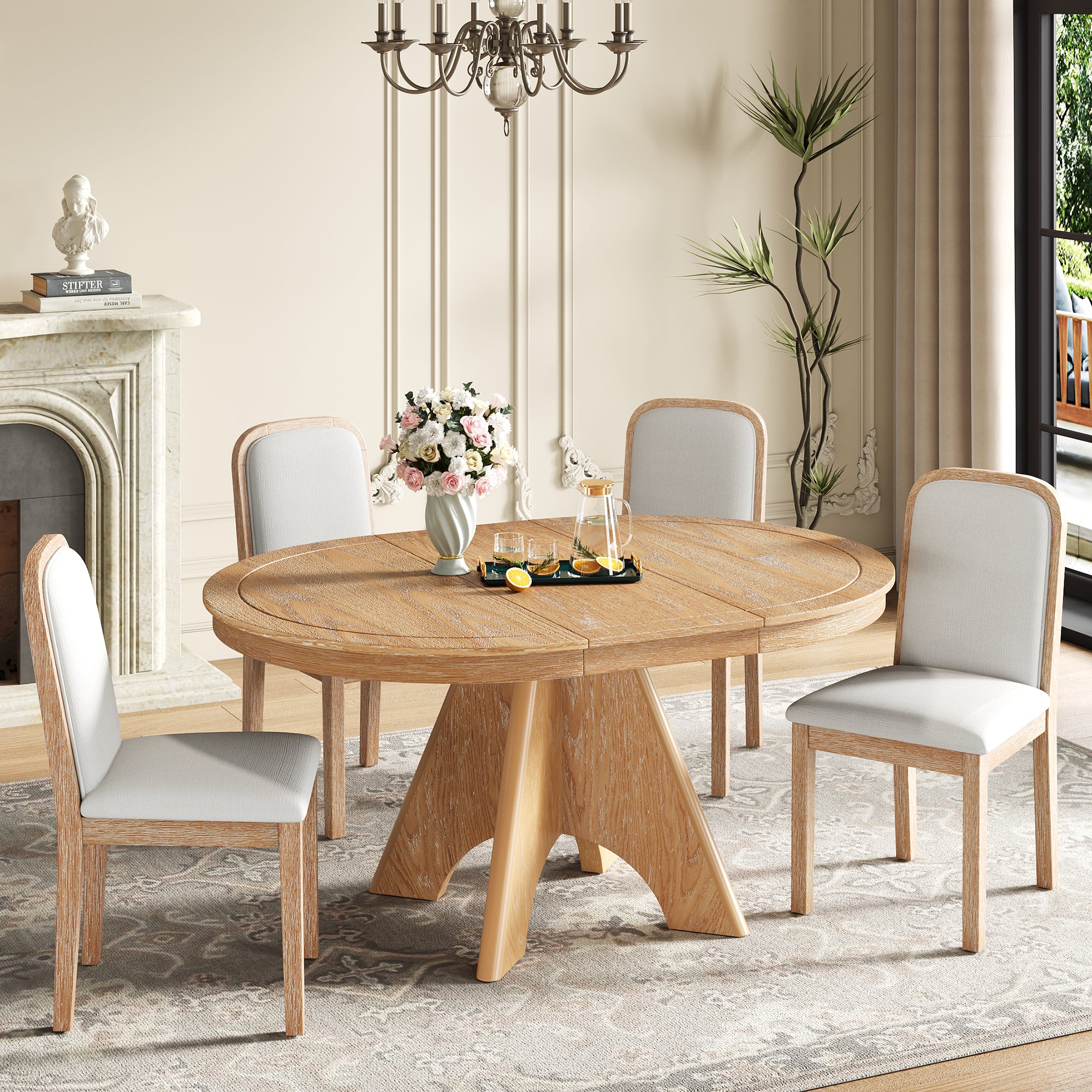 Vintage Extendable Dining Table Set for 4-6 | Mid-Century Distressed Finish | Solid Wood Construction