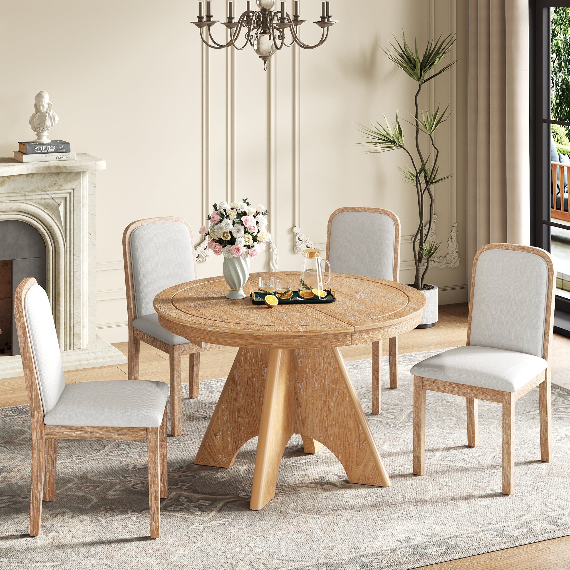 Vintage Extendable Dining Table Set for 4-6 | Mid-Century Distressed Finish | Solid Wood Construction