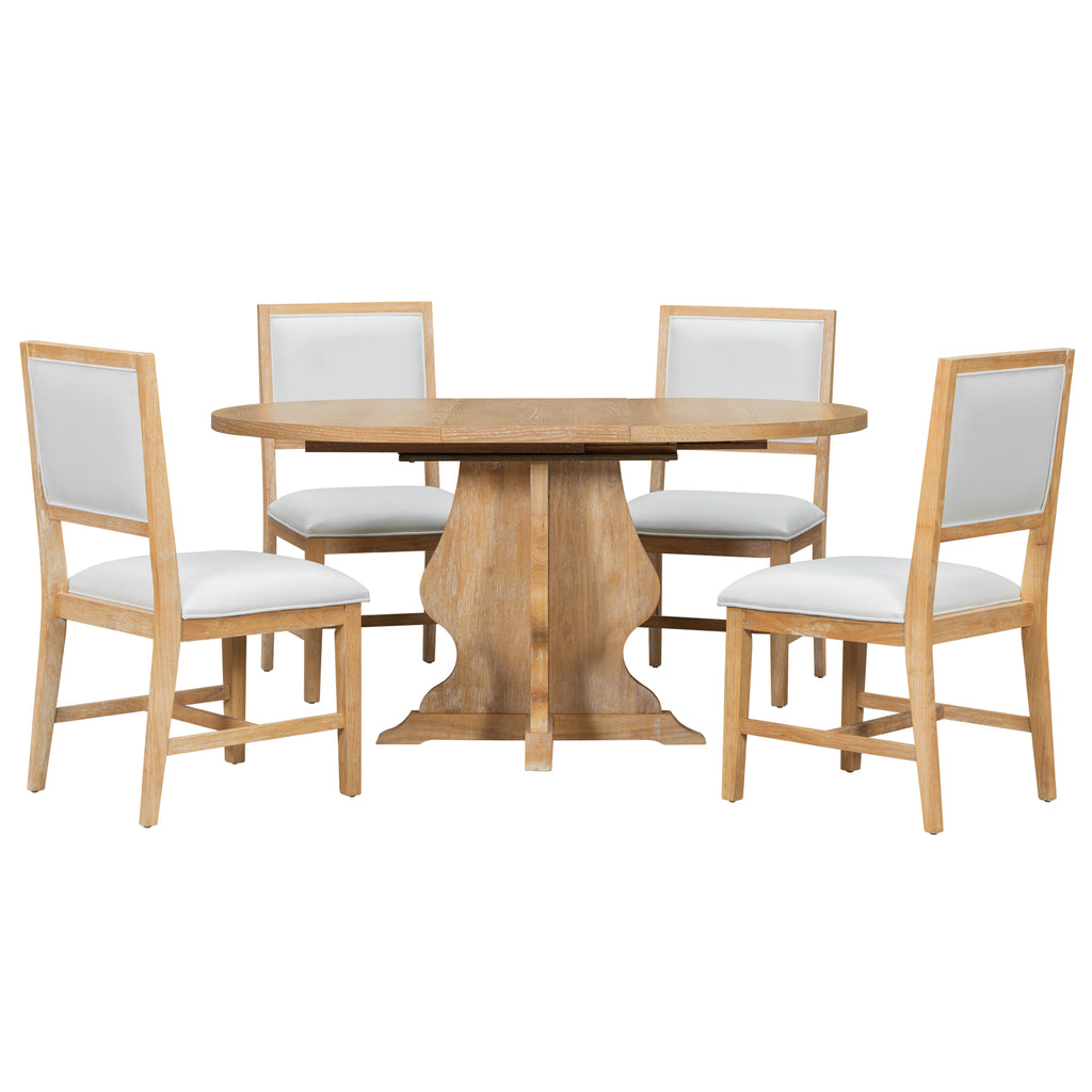 Rustic Farmhouse Dining Set | Extendable Table with 4 Upholstered Chairs | Solid Wood & Distressed Finish - HECATEVIC Home Design