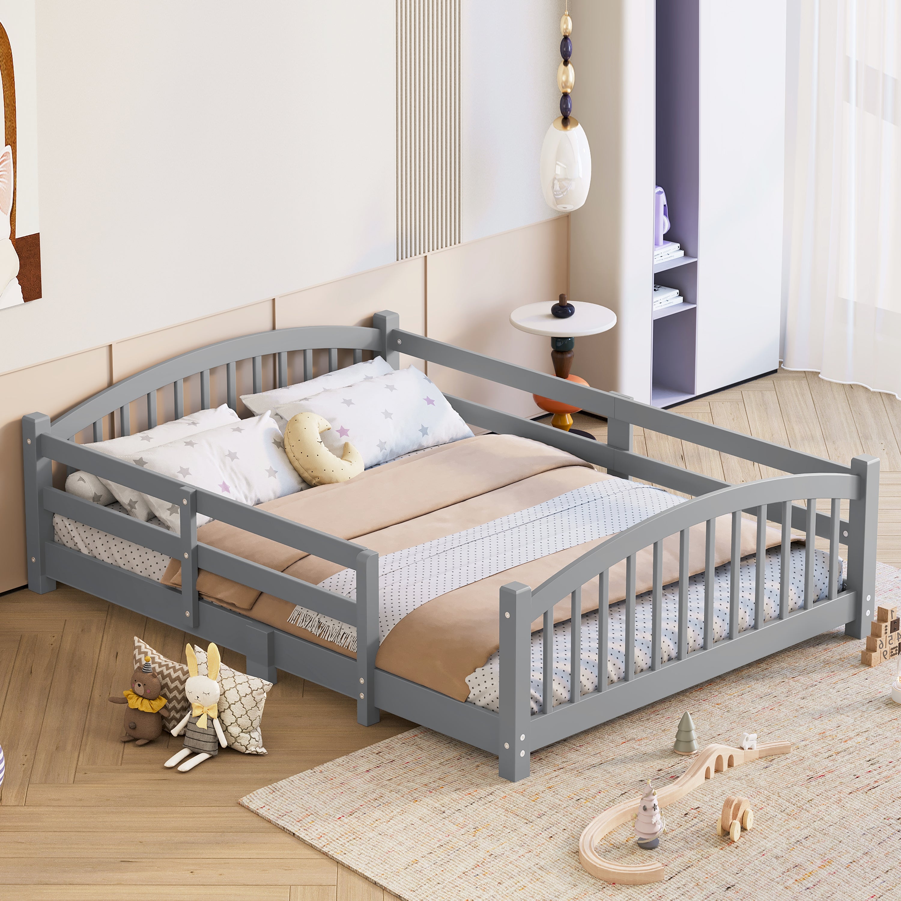 Montessori Floor Bed for Kids - Low Profile Solid Wood Platform Bed with Safety Rails
