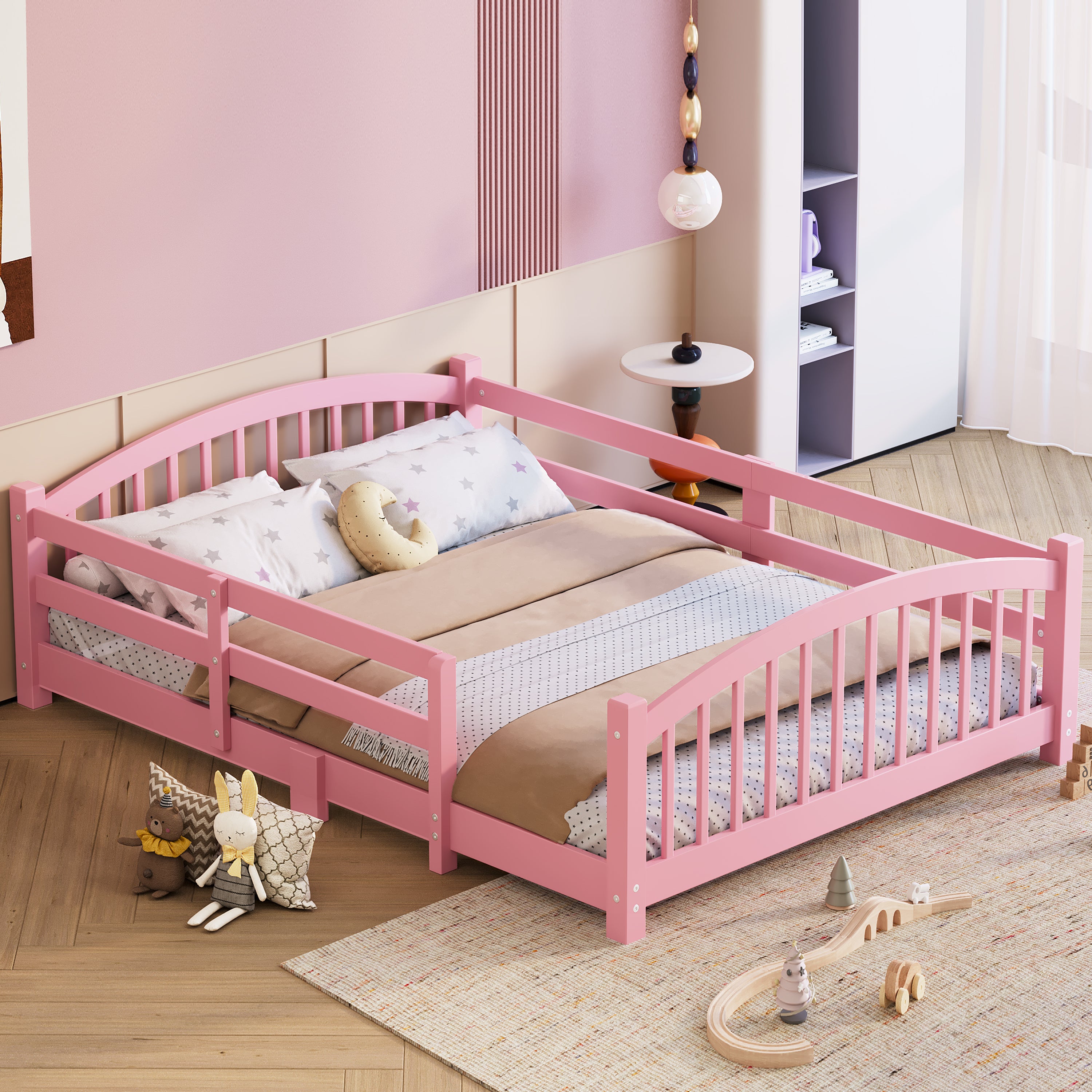 Montessori Floor Bed for Kids - Low Profile Solid Wood Platform Bed with Safety Rails
