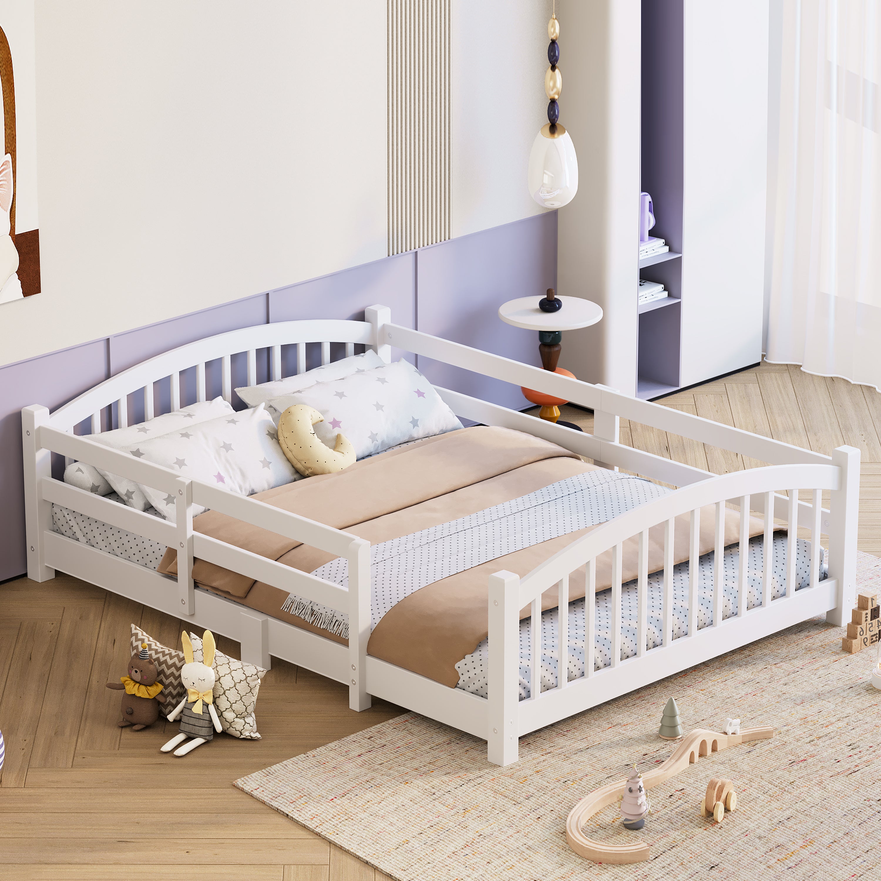 Montessori Floor Bed for Kids - Low Profile Solid Wood Platform Bed with Safety Rails