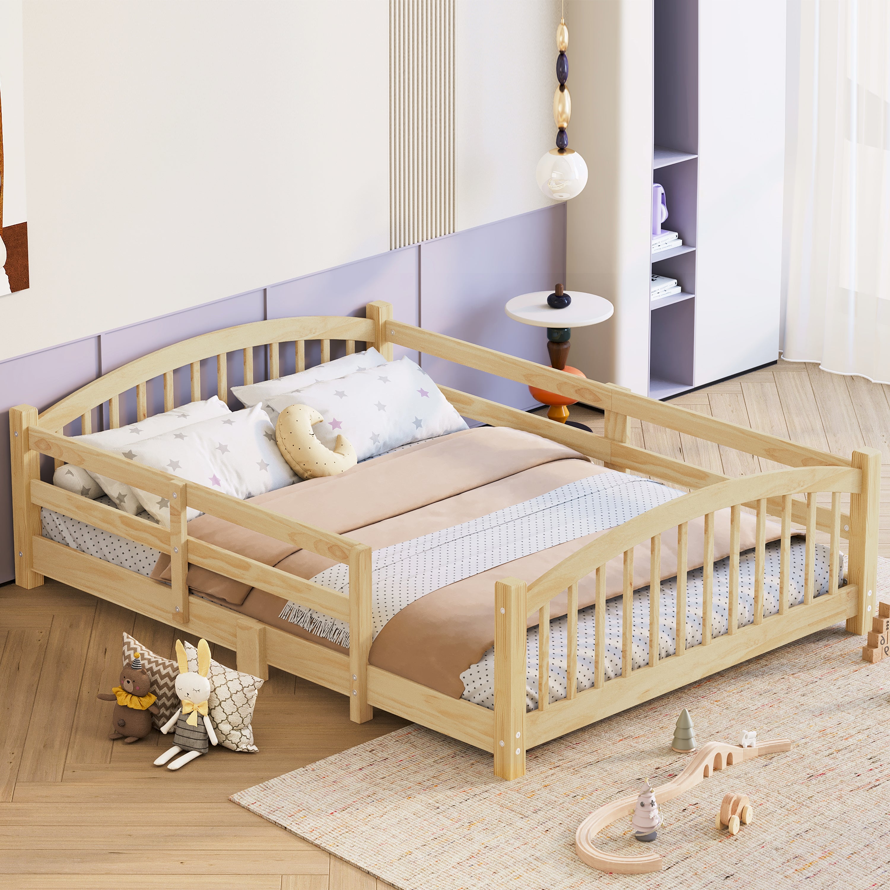 Montessori Floor Bed for Kids - Low Profile Solid Wood Platform Bed with Safety Rails