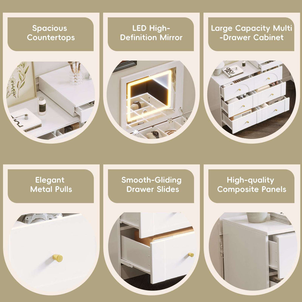 HECATEVIC All-in-One Flip Vanity Desk with LED Lights | Makeup Table & Workstation