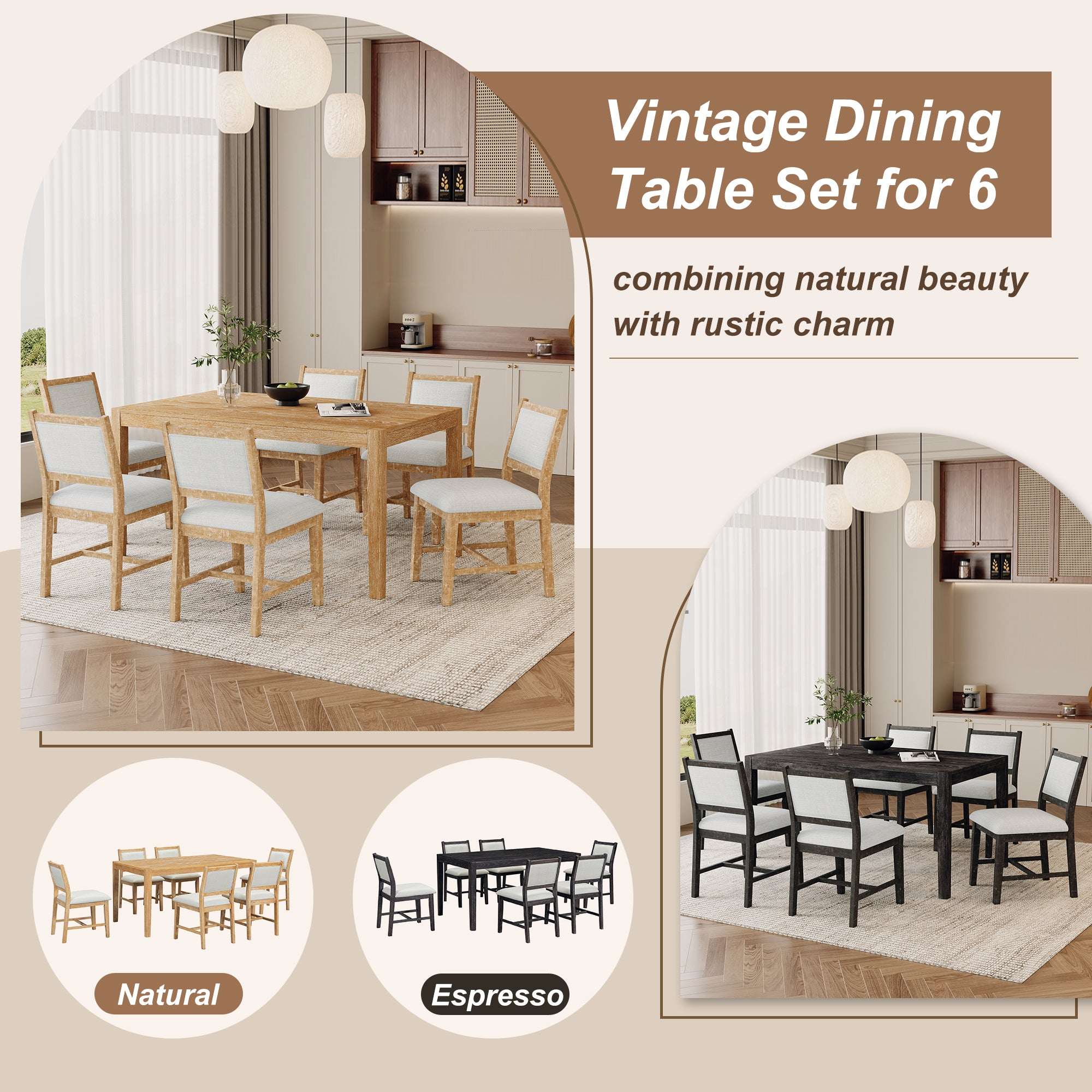 Vintage 7-Piece Dining Set for 6 – Rustic Farmhouse Style Table & Chairs