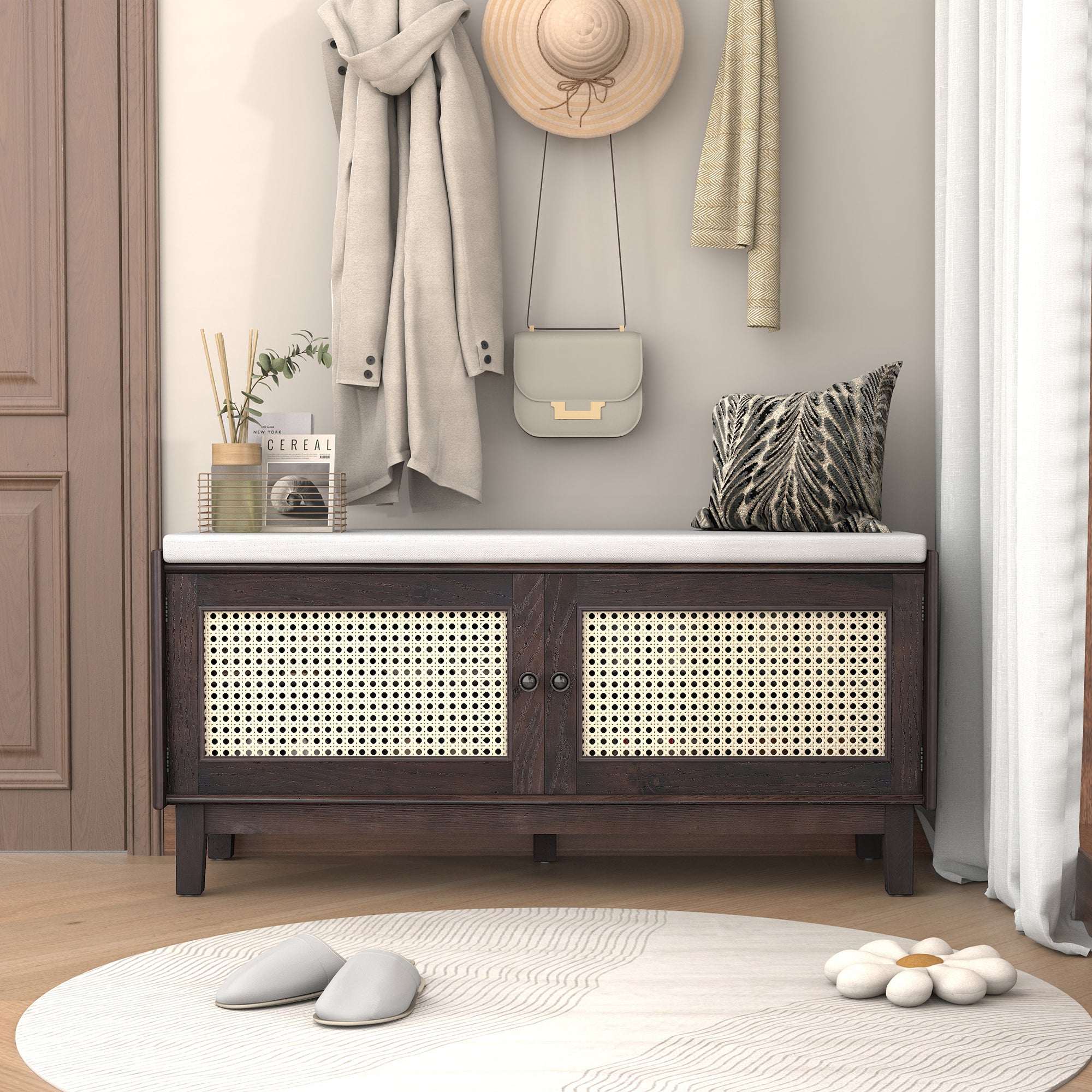 HECATEVIC Boho Storage Bench with Removable Cushion & Rattan Doors
