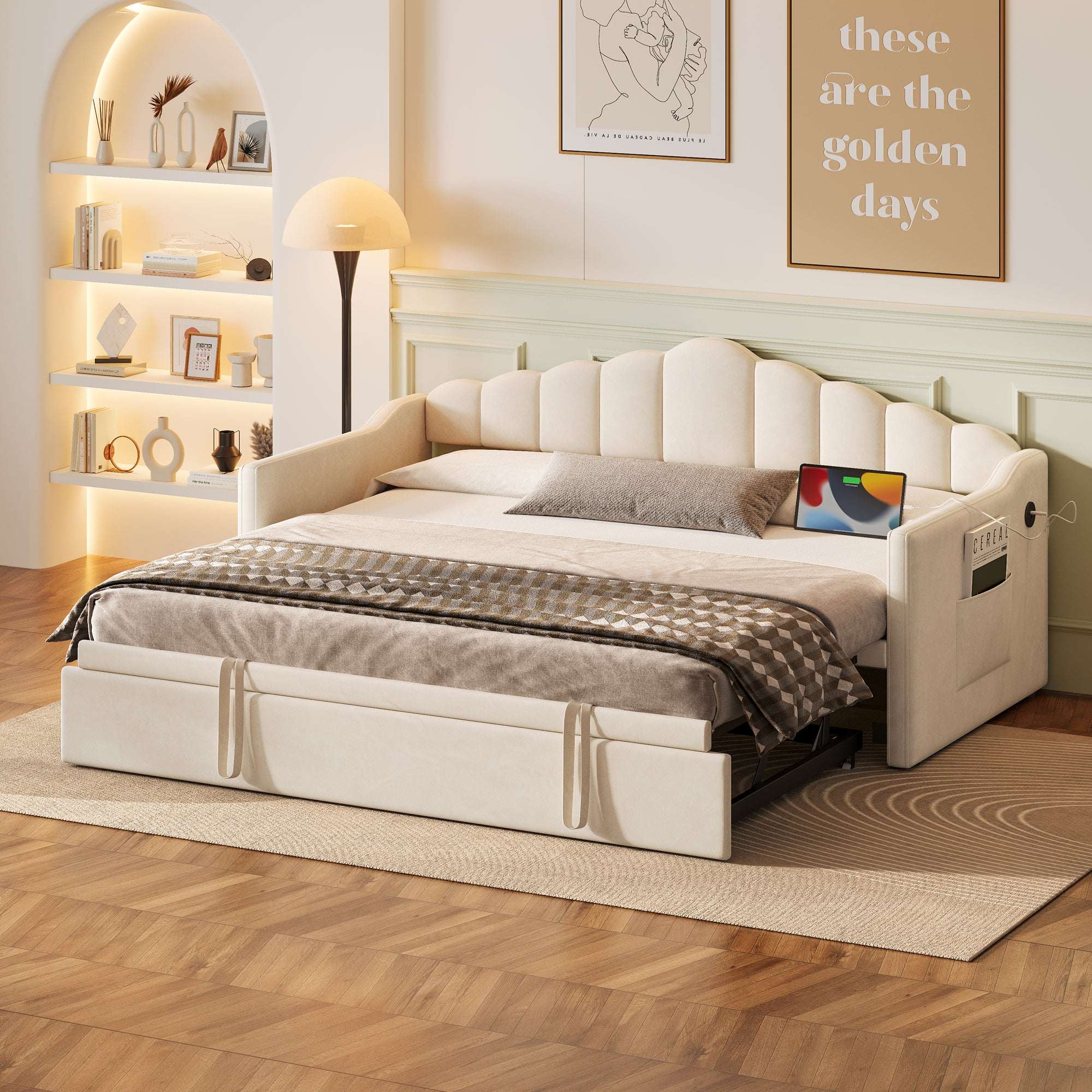 Twin Daybed with Pop Up Trundle, Upholstered Modern Velvet Sofa Bed