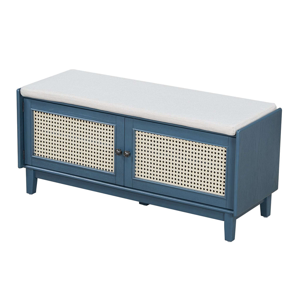 HECATEVIC Boho Storage Bench with Removable Cushion & Rattan Doors