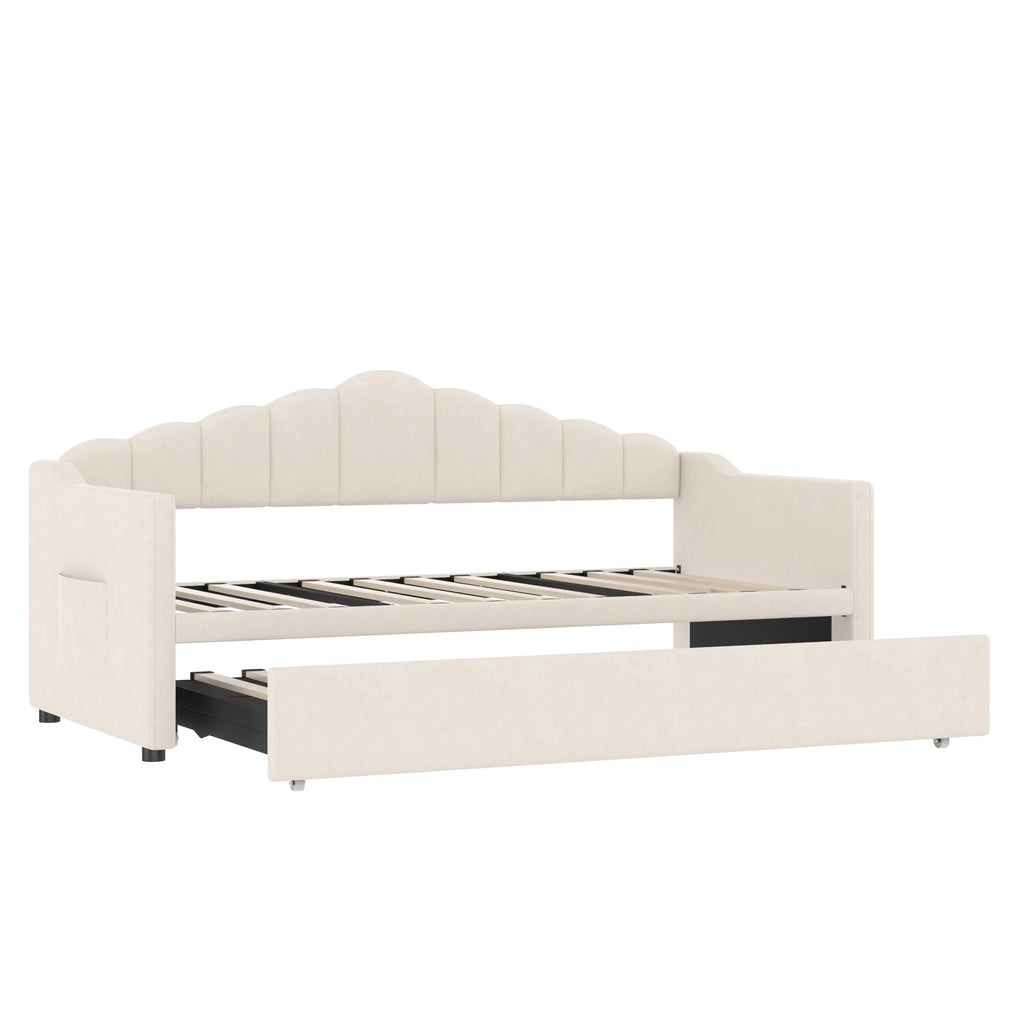 Twin Daybed with Pop Up Trundle, Upholstered Modern Velvet Sofa Bed - HECATEVIC Home Design