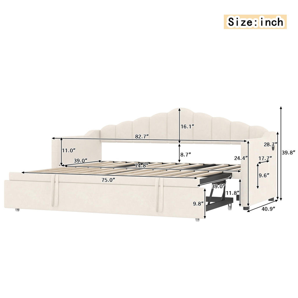Twin Daybed with Pop Up Trundle, Upholstered Modern Velvet Sofa Bed - HECATEVIC Home Design