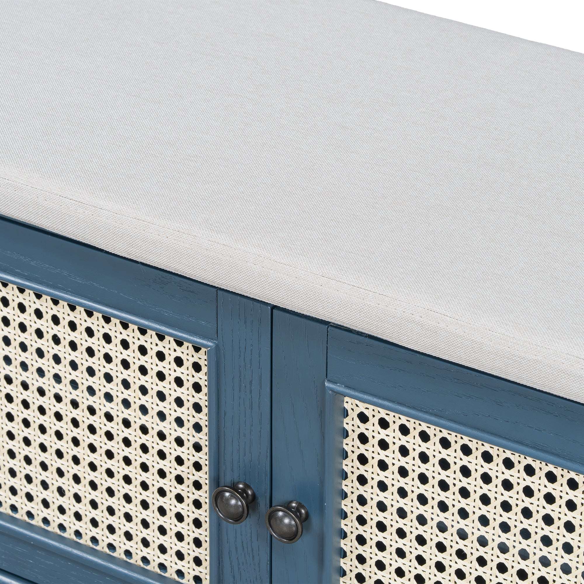 HECATEVIC Boho Storage Bench with Removable Cushion & Rattan Doors