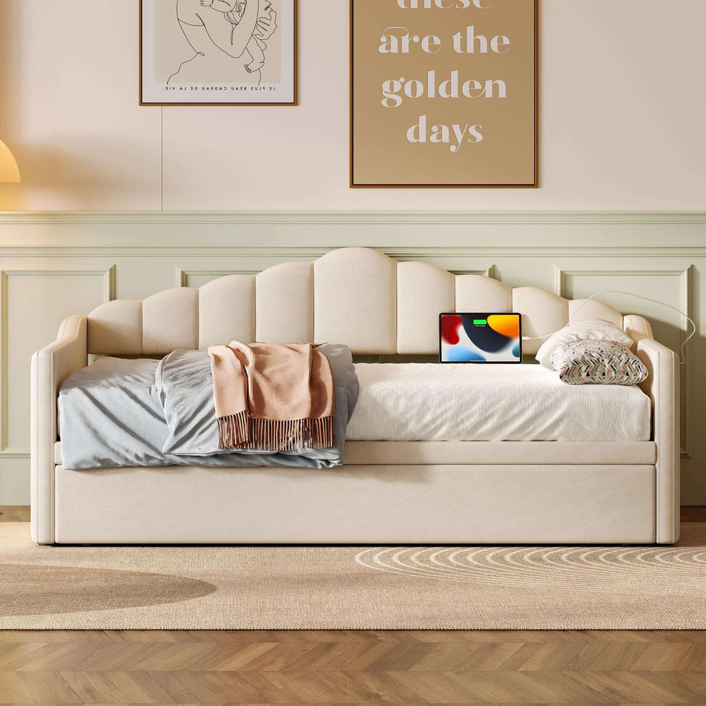 Twin Daybed with Pop Up Trundle, Upholstered Modern Velvet Sofa Bed