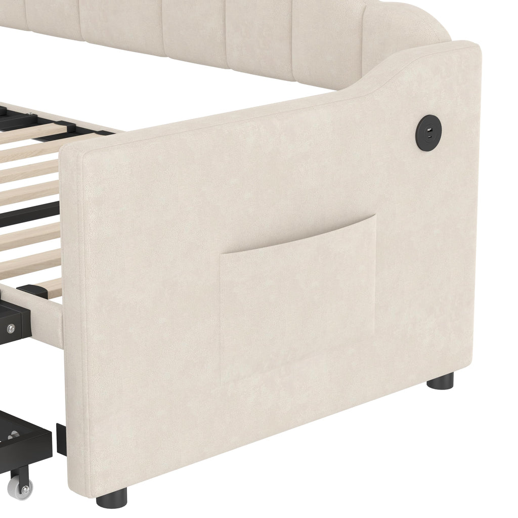 Twin Daybed with Pop Up Trundle, Upholstered Modern Velvet Sofa Bed - HECATEVIC Home Design