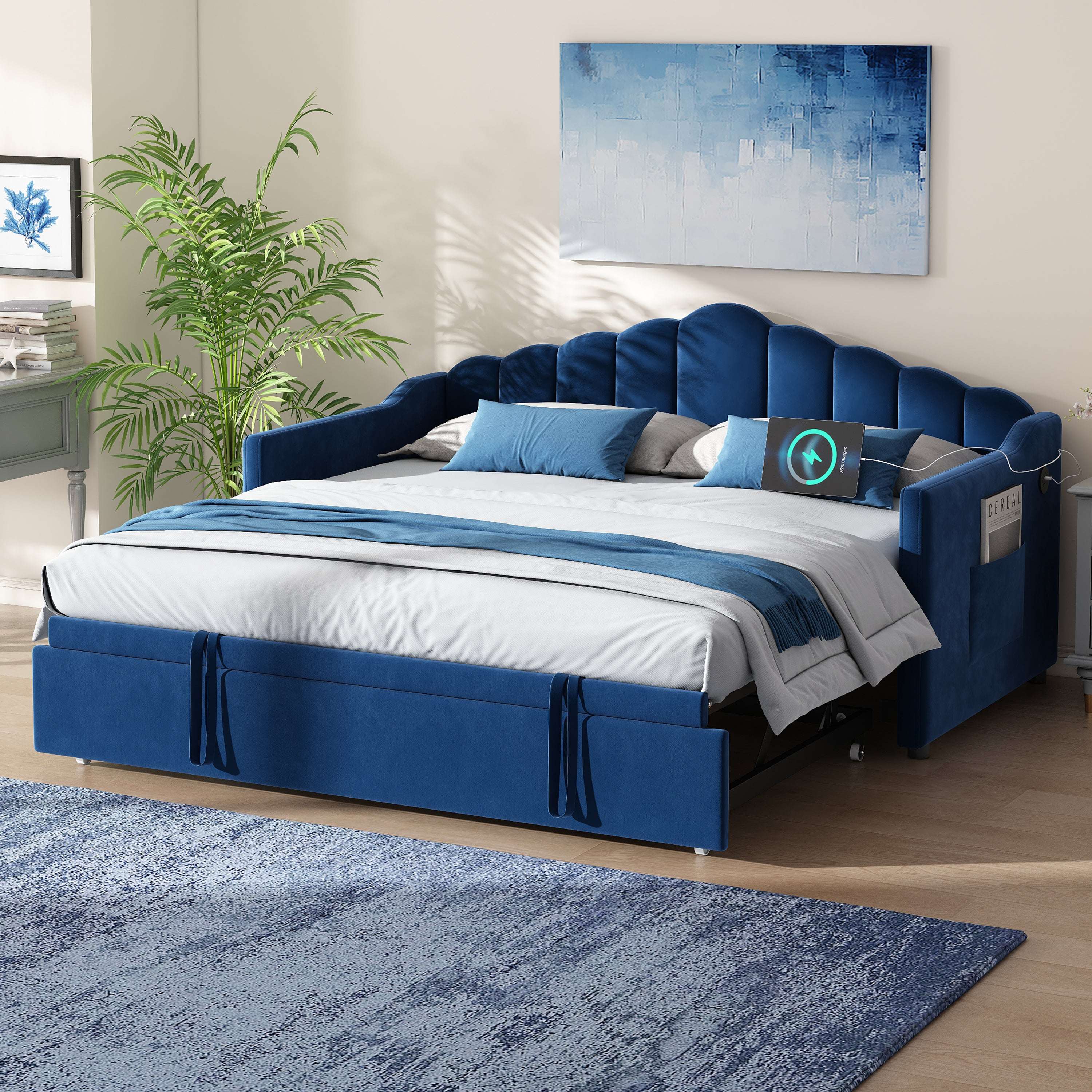 Twin Daybed with Pop Up Trundle, Upholstered Modern Velvet Sofa Bed