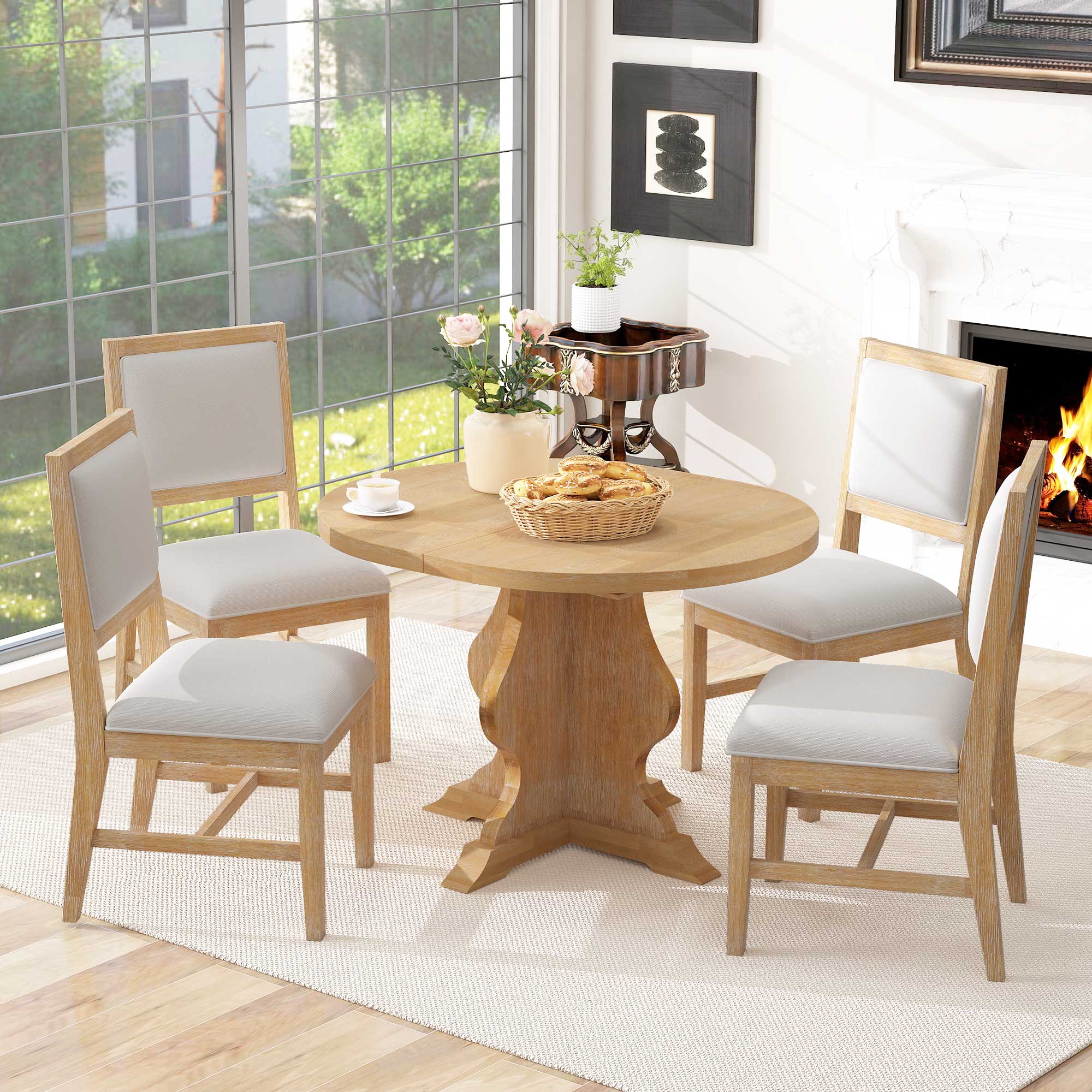 Rustic Farmhouse Dining Set | Extendable Table with 4 Upholstered Chairs | Solid Wood & Distressed Finish - HECATEVIC Home Design