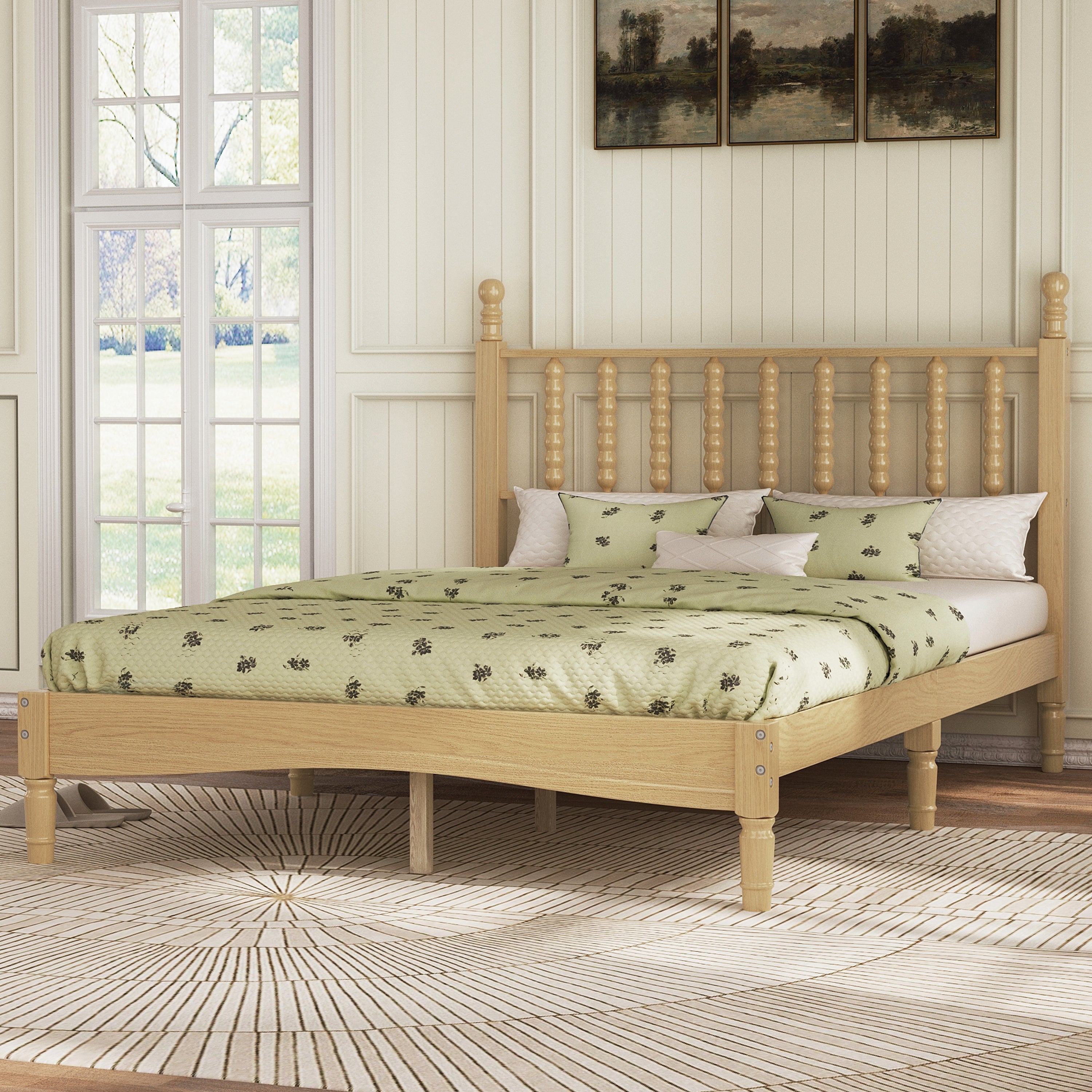 Elegant Retro Platform Bed with Gourd-Shaped Headboard