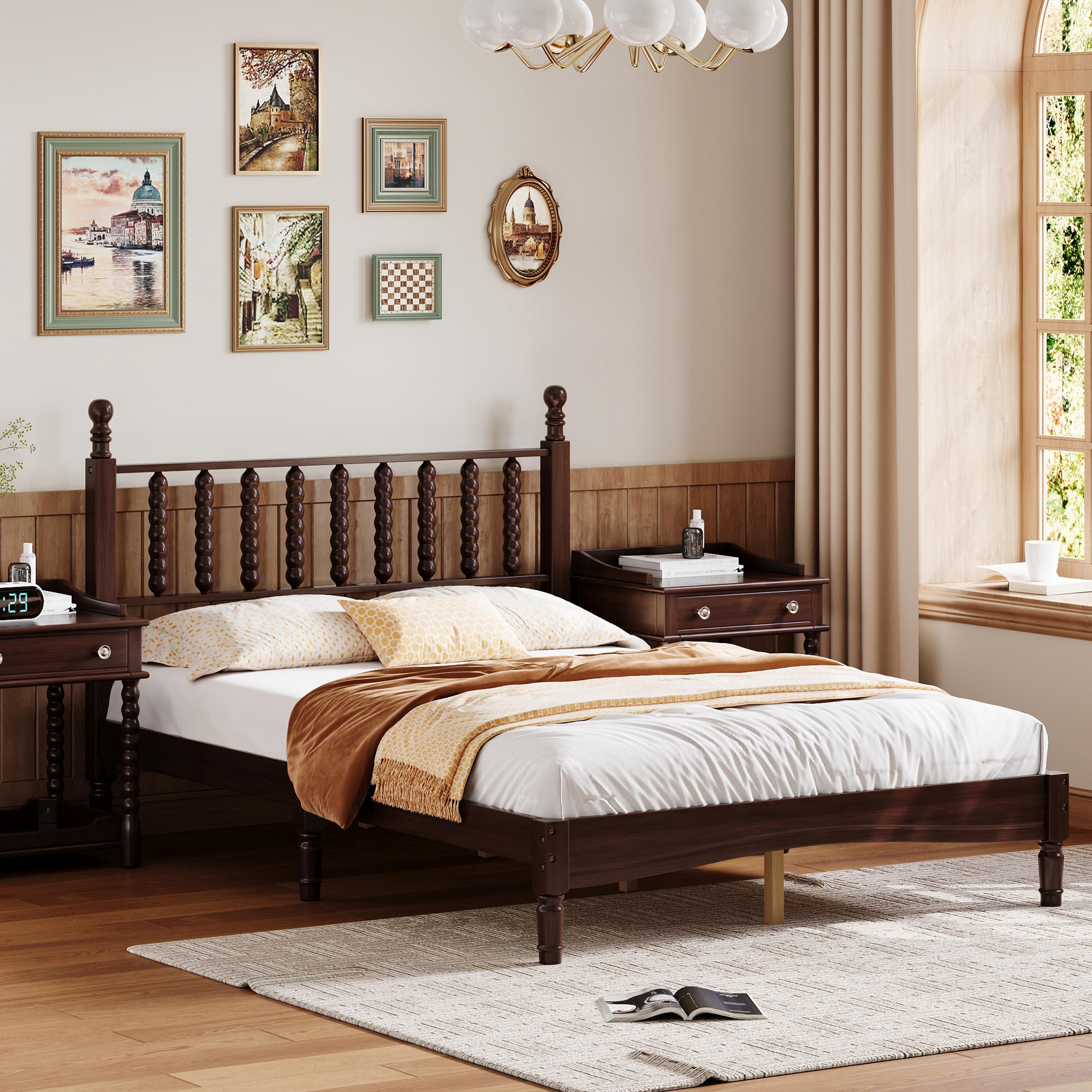 Elegant Retro Platform Bed with Gourd-Shaped Headboard