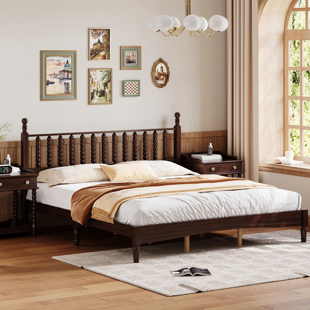 Elegant Retro Platform Bed with Gourd-Shaped Headboard