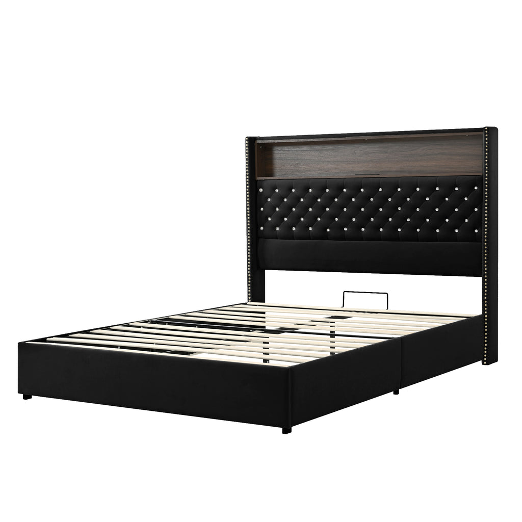 Velvet Upholstered Wingback Bed Frame with USB Charging & Storage - Queen/Full Size - HECATEVIC Home Design