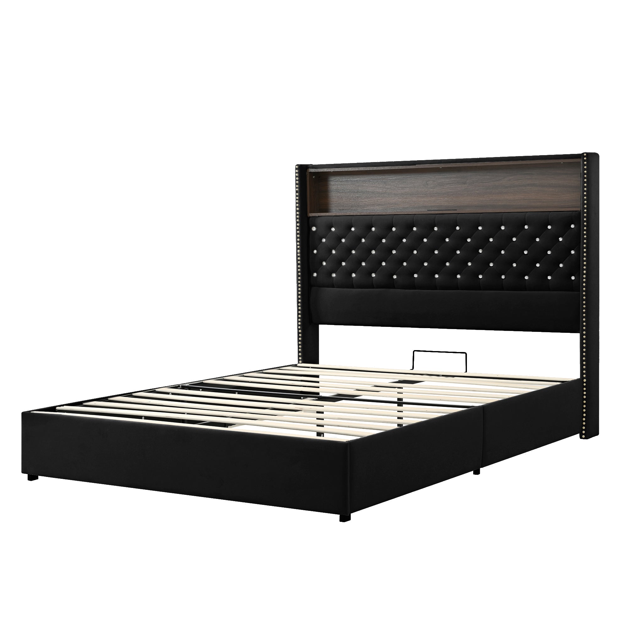 Velvet Upholstered Wingback Bed Frame with USB Charging & Storage - Queen/Full Size - HECATEVIC Home Design