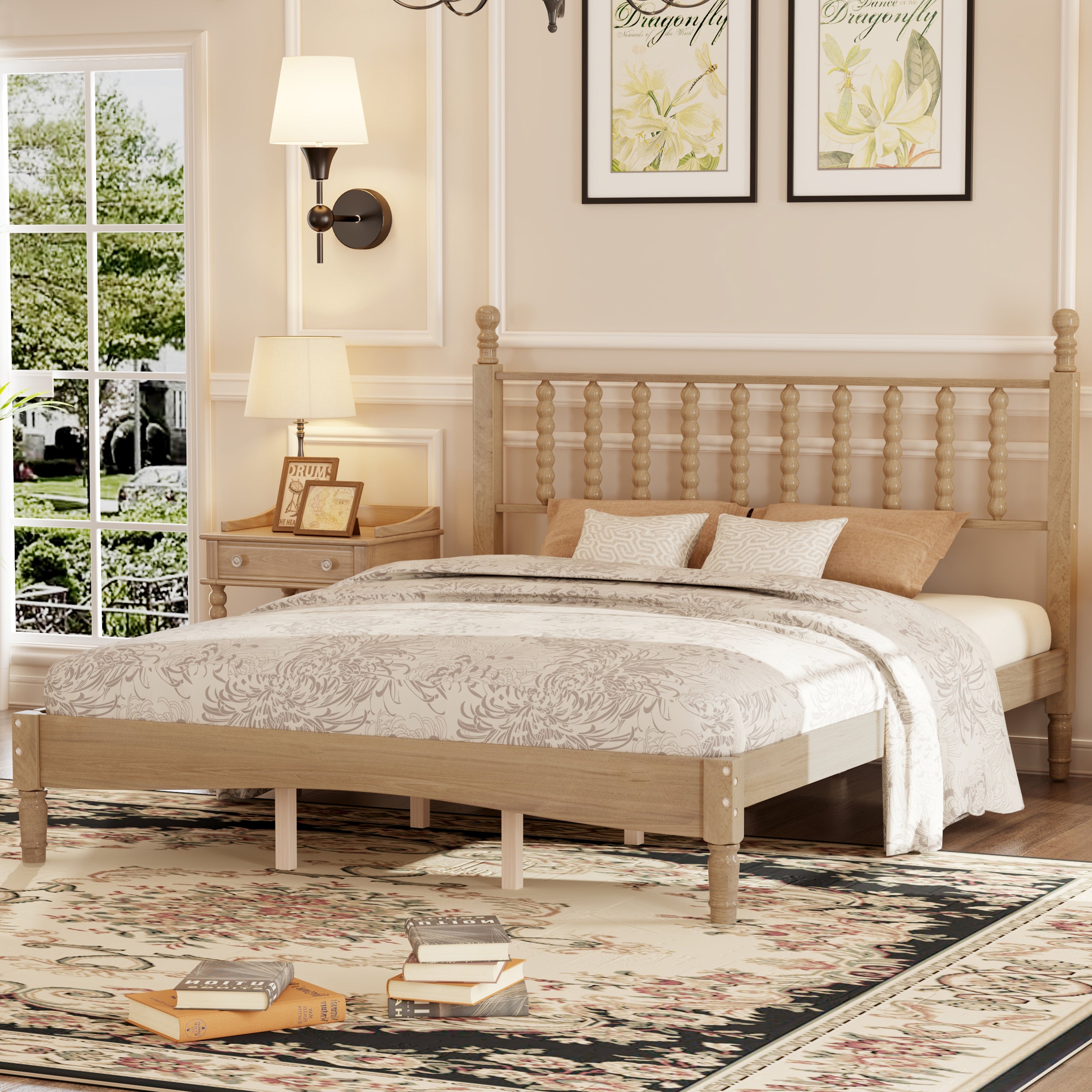 Elegant Retro Platform Bed with Gourd-Shaped Headboard