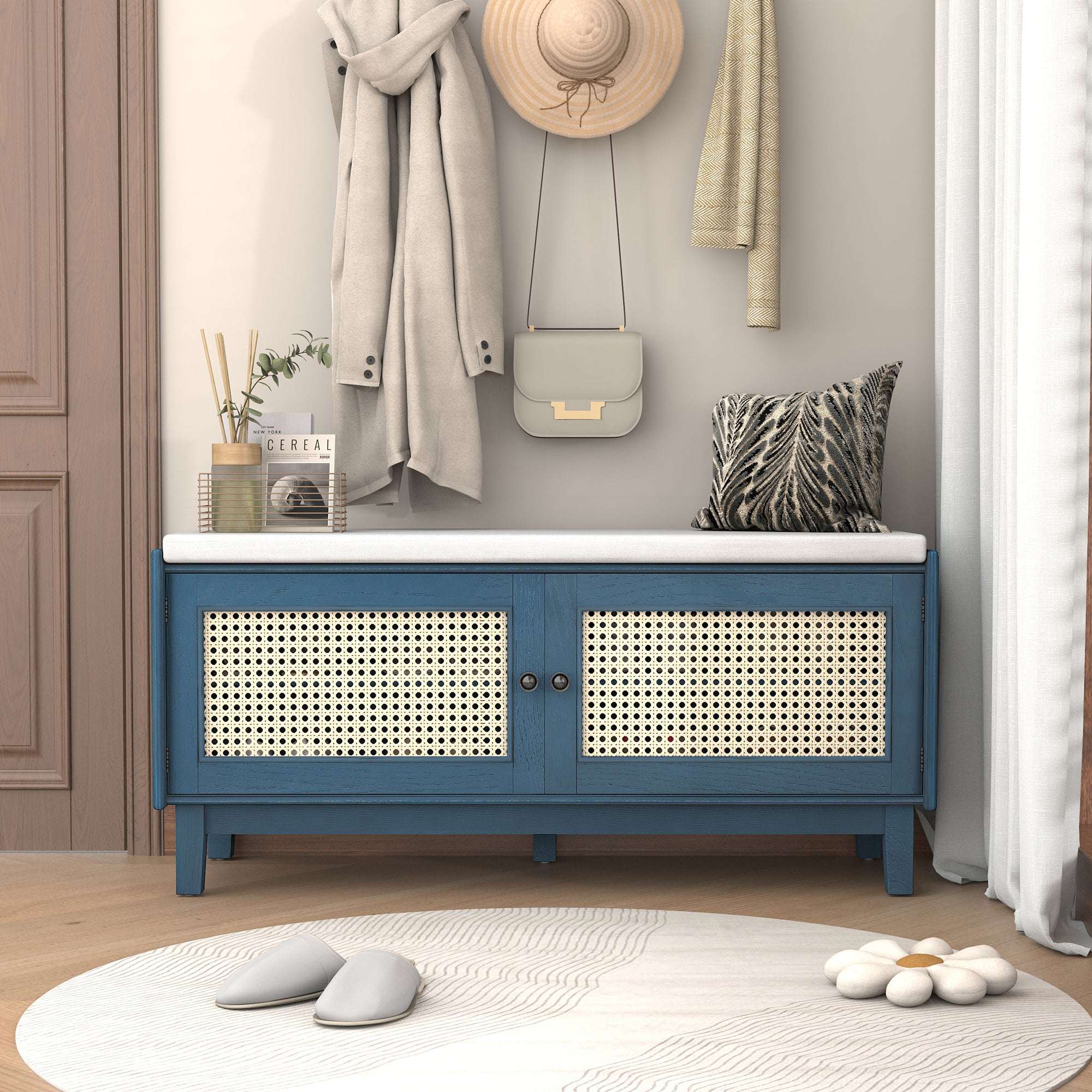 HECATEVIC Boho Storage Bench with Removable Cushion & Rattan Doors