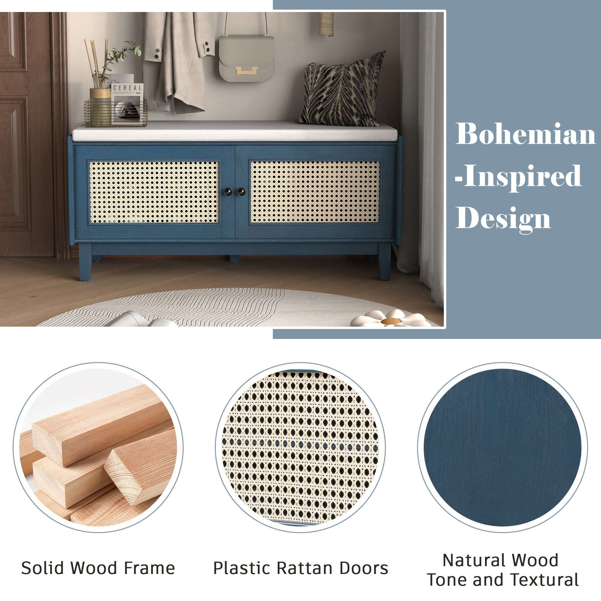 HECATEVIC Boho Storage Bench with Removable Cushion & Rattan Doors