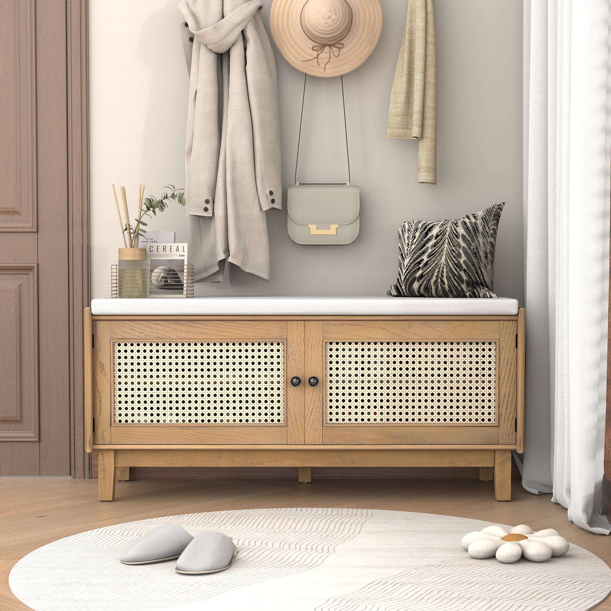 HECATEVIC Boho Storage Bench with Removable Cushion & Rattan Doors
